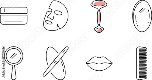 Illustration of beauty and skincare items on a white background in a grid layout