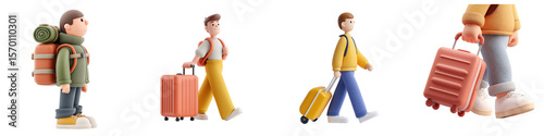 Animation traveller transparent in png with luggage no background for decoration.