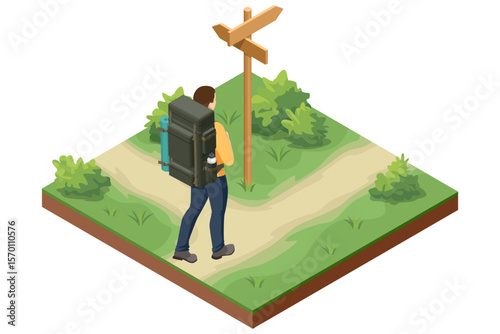 Isometric hiking scene. A backpacker chooses a direction at a trail junction and checks a large map. Concept of hiking, navigation, and outdoor exploration in forest or mountain areas.
