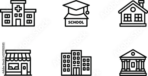 A collection of six building icons including school hospital house and more icons