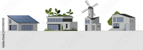 Illustration of four different house types including solar panels and windmill