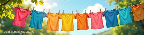 Colorful Laundry Drying on a Sunny Clothesline A Perfect Summer Scene of Fresh, Clean Clothes Hanging in a Gentle Breeze, Ideal for Home and Family Lifestyle Photography.