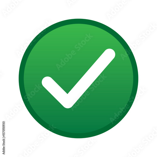 Green positive vote round button with checkmark accept complete task badge vector illustration. Success confirmation logotype keypad agree approved check mark. Done checkbox. Tick button emoji icon.