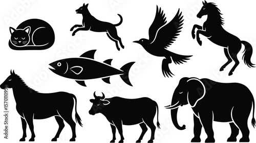 Silhouette images of various animals including a cat dog bird and horse and more