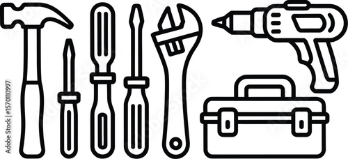 Illustration of a hammer screwdrivers wrench drill and toolbox on a white background