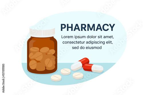 A 3D realistic image of a jar, round pills, and medicine in capsules represents the concept of pharmacy drugs, complete with a medical web poster that includes space for text and depicts the