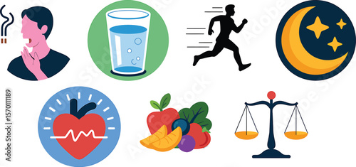 Illustration depicting healthy lifestyle choices and harmful habits in circles