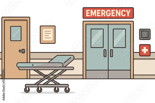 Cartoon illustration of a hospital hallway leading to the emergency room