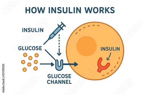 What is the function of insulin, shown in an illustrated vector diagram, providing educational medical information