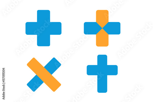 A collection of isolated abstract logos featuring blue and orange crosses is available, including medical logotypes, religious icons, and vector illustrations of health signs and hospital symbols