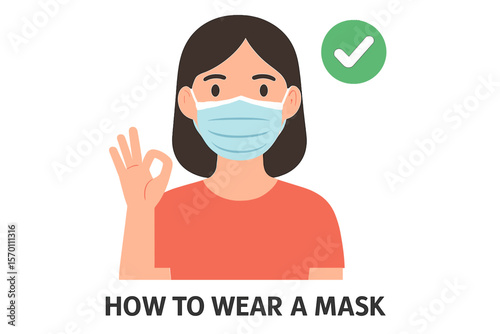 A woman demonstrates the proper way to put on a mask, which helps prevent the transmission of germs, viruses, and bacteria, as shown in a vector illustration set against a white background in a flat