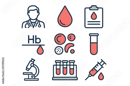 The Hematology icon set comprises a hematologist, blood, hemoglobin, cells, and various other icons, all in editable vector stroke format