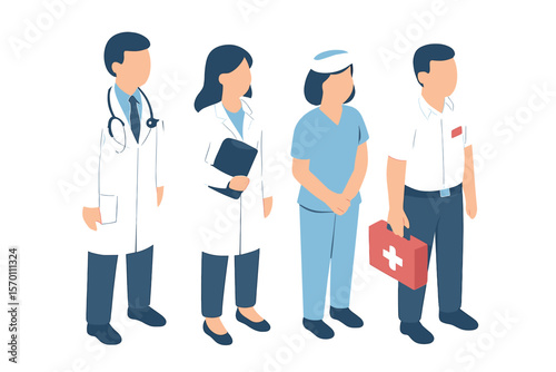 Vector illustration of male and female doctors and nurses in flat isometric style for healthcare and medic purposes