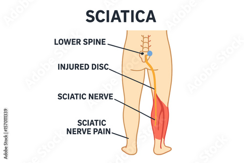 Vector illustration diagram depicting sciatica and its impact on the lower spine and sciatic nerve pain in the leg for medical health care purposes