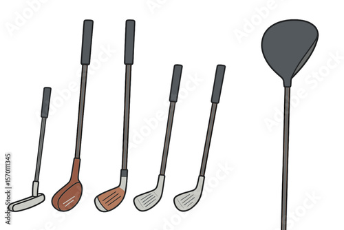 A set of golf clubs includes a putter, wood, iron, wedge, driver, and hybrid, which are essential sports equipment for golfers