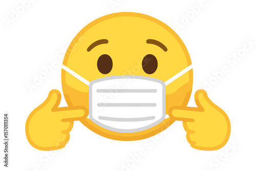 An emoji emoticon wearing a medical mask and gesturing to itself with both hands says 'Pick me