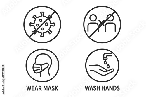 Vector illustration representing COVID-19 healthcare and medicine concepts through simple line signs and icons that promote prevention