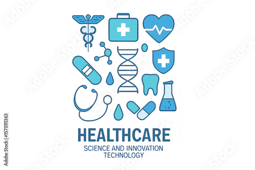 Brochure template or cover featuring medical icons and symbols, representing healthcare, science, and innovative technology
