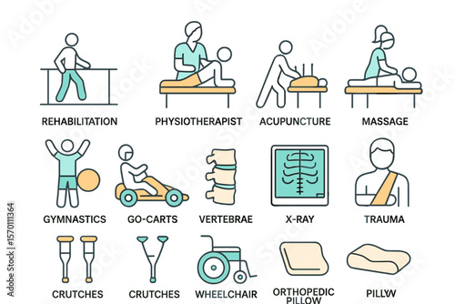 A set of thin line icons for physiotherapy includes symbols for rehabilitation, physiotherapist, acupuncture, massage, gymnastics, go-carts, vertebrae, x-ray, trauma, crutches, wheelchair, and