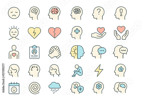 Collection of 35 icons related to mental health, featuring editable stroke, presented as a vector illustration