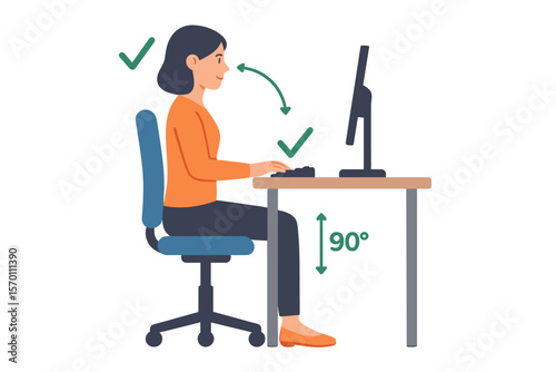 Proper sitting posture at an office desk is depicted in a vector illustration