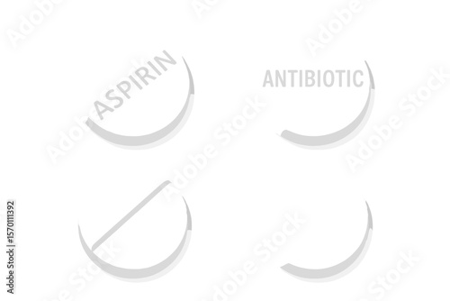 Circular white medicinal pills, including aspirin, antibiotics, and painkillers, along with pain treatment pills and pharmaceutical drugs, are represented in a vector set