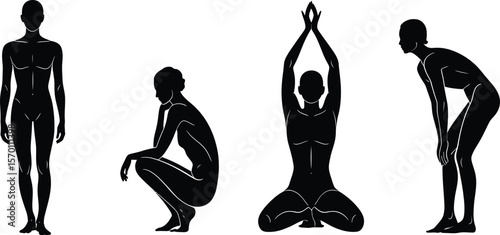 Four panels showing black silhouette figures in different yoga positions art