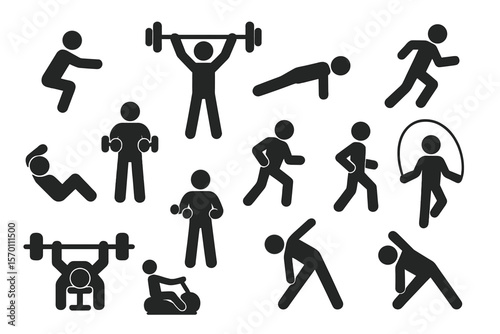 Vector icons and symbols of characters doing exercises and sport figures represent a fitness pictogram for workout training and sport illustration