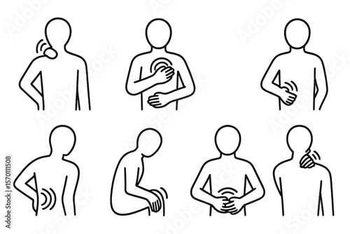 Vector graphics and logo illustrations of body pain are available in a collection of line icons and editable stroke outline pictograms