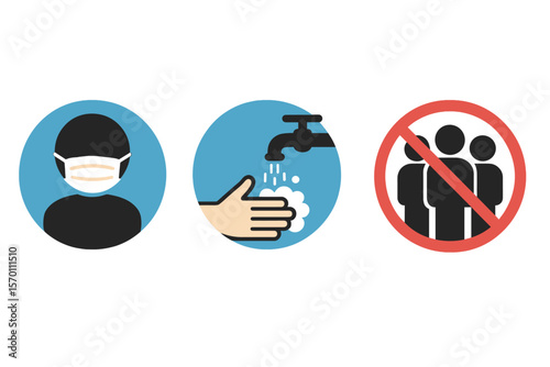 Icon images depicting mask-wearing, hand-washing, and avoidance of gatherings, representing Coronavirus or Covid 19 protection