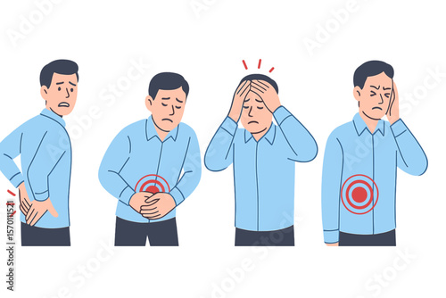 Various men experiencing pain in distinct areas of their body, including backaches, stomachaches, headaches, and migraines