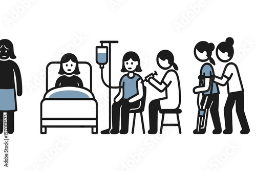 Treatment and rehabilitation for sickness, illness, and injury in women, including medication, are provided at both hospitals and homes, with illustrations of female health checks, hospital stays, IV
