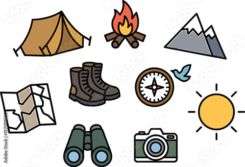 Illustrated camping icons including a tent campfire boots and other equipment