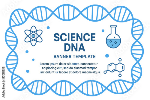 A template for a flat banner featuring vector science dna is available, with a blue atom spiral frame surrounding a text holder on a white background, suitable for web, presentation, banner, and