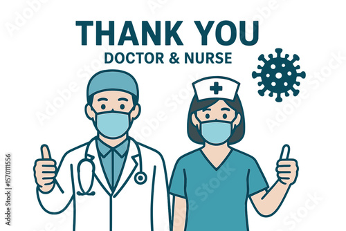 The COVID-19 pandemic concept is depicted in a vector illustration  image, credited to a doctor and nurse with thanks