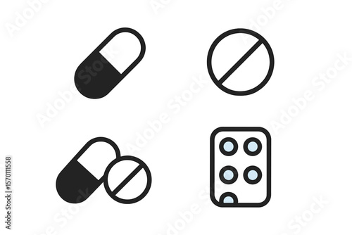 A set of vector icons representing pills is available, featuring simple and editable designs for medicament and pharmaceutical symbols in EPS 10 format
