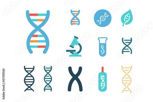 Vector collection of genetic elements, icons, and DNA molecule sign set on a strand