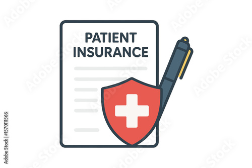 The concept of medical healthcare insurance is represented by a red shield on a patient protection policy alongside a pen, as depicted in a vector medicine flat symbol illustration