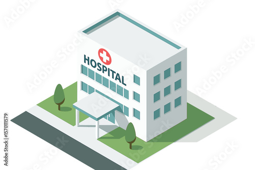 High-quality city element featuring a hospital with 45-degree shadows on a white background, presented in isometric view