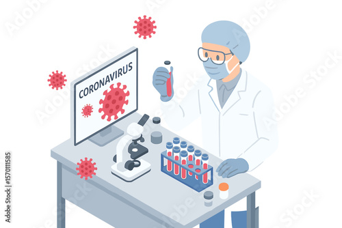 A vector isometric depiction of a medical laboratory and scientist handling coronavirus samples is shown, alongside a doctor examining a test tube containing COVID-also known as SARS-CoV