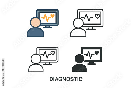 Vector illustration of a diagnostic icon in various styles, including two-colored and black designs in filled, outline, line, and stroke formats for web, mobile, and UI applications