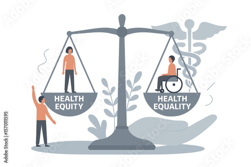 The concept of health equity and balance is juxtaposed with medical equality in the context of a tiny person, alongside a vector illustration representing a fair and just healthcare system available