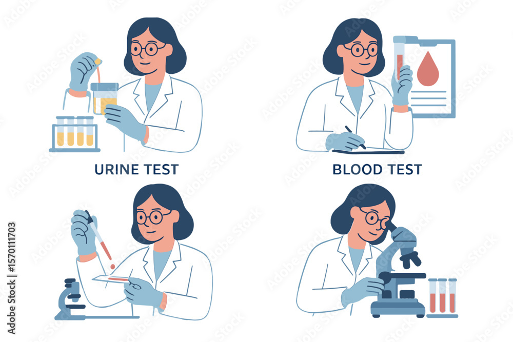 A set of illustrations depicting medical tests is available, showcasing a laboratory doctor or chemist examining patients' urine and blood samples to convey the concept of health care and medicine A set of illustrations depicting medical tests is available, showcasing a laboratory doctor or chemist examining patients' urine and blood samples to convey the concept of health care and medicine