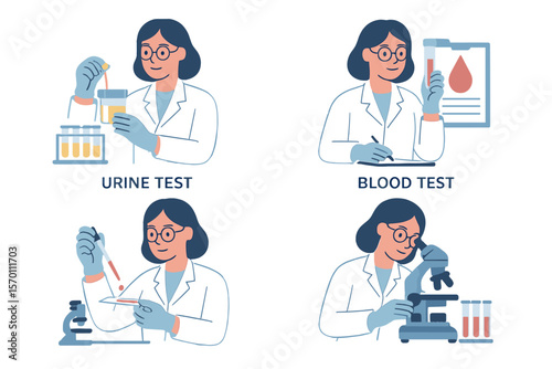 A set of illustrations depicting medical tests is available, showcasing a laboratory doctor or chemist examining patients' urine and blood samples to convey the concept of health care and medicine