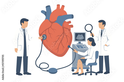 Vector illustration of faceless characters showcasing a professional clinic examination of an oversized heart, utilizing hospital equipment and tools, highlighting the concept of medicine and