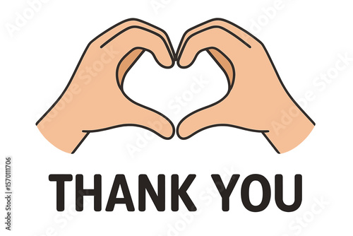 A vector cartoon illustration featuring a heart symbol formed by hands with accompanying text that says thank you
