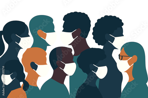 A diverse group of individuals are silhouetted in the new normal, all wearing masks