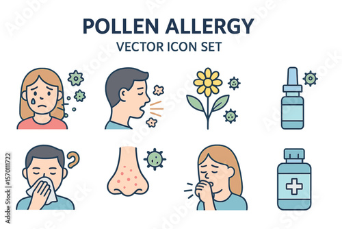 A set of pollen allergy vector icons is available, featuring line editable medical symbols