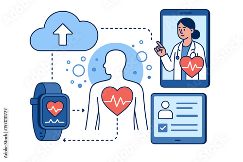 Vector illustration of digital healthcare, smart health devices, and IoT technology in medicine, centered around the concept of medical big data, cloud applications, wearable health monitoring, and