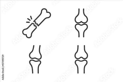 A set of isolated vector icons featuring editable thin lines of broken bones, joints, and knee bones is available for web design or mobile app logo signs